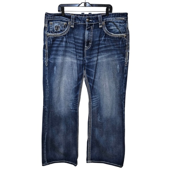 Rock Revival Jeans Mens 42 "Forrest" Boot Cut Distressed Double Pocket Faux Flap - Picture 1 of 16